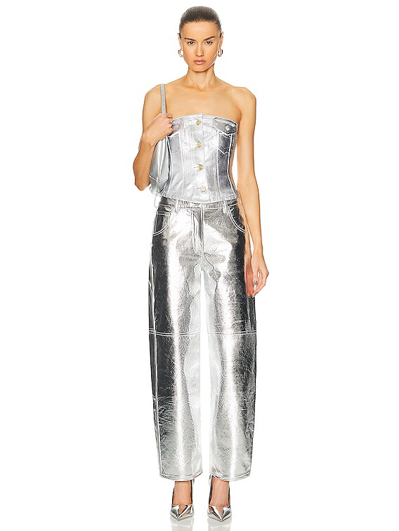 Ganni Foil Denim Corsage in Bright White | FWRD Ganni Foil Denim Corsage in Bright White | FWRD