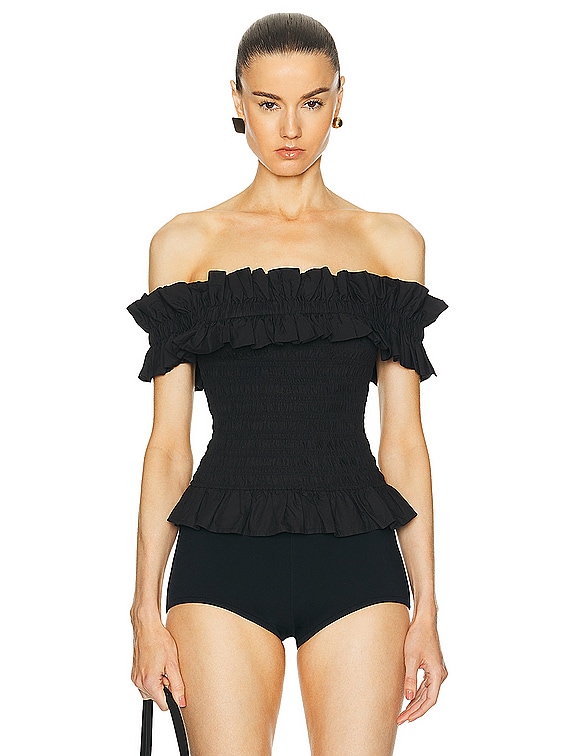 GANNI サマーヒット Ganni Poplin Off-shoulder Smock Top in Black | FWRD