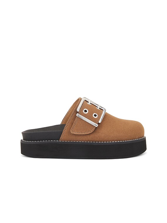 【PORTERNA】Grand Suede Buckle Mule Ganni Suede Buckle Mule in Chocolate Fondant | FWRD