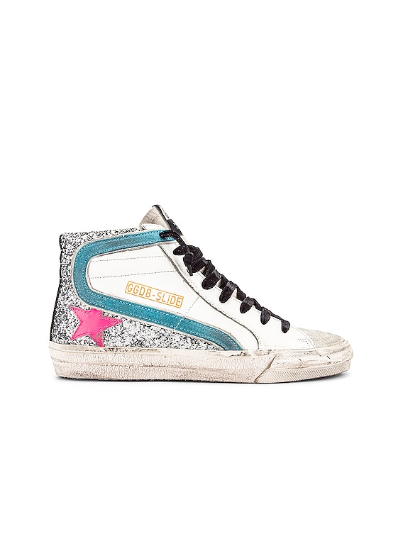 Golden Goose Slide Sneaker in White, Silver Glitter \u0026 Fuchsia Star | FWRD