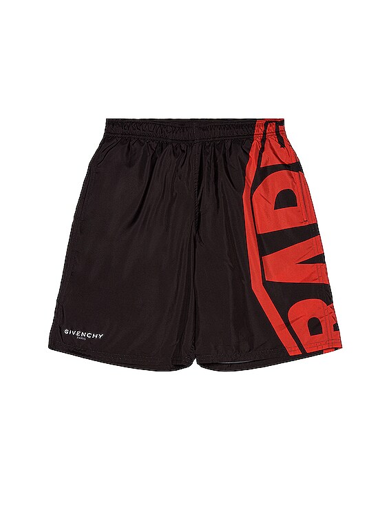 Givenchy Logo Long Bermuda Swim Short in Black & Red | FWRD