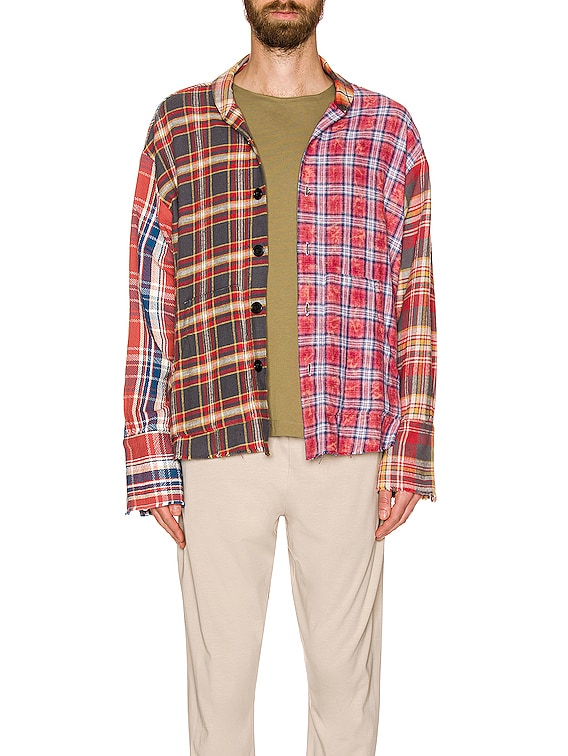 Greg Lauren Mixed Plaid Shawl Collar Boxy Shirt in Multi | FWRD