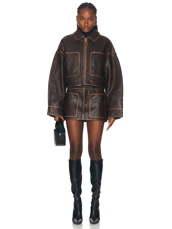GRLFRND Cropped Leather Patch Pocket Jacket in Brown | FWRD