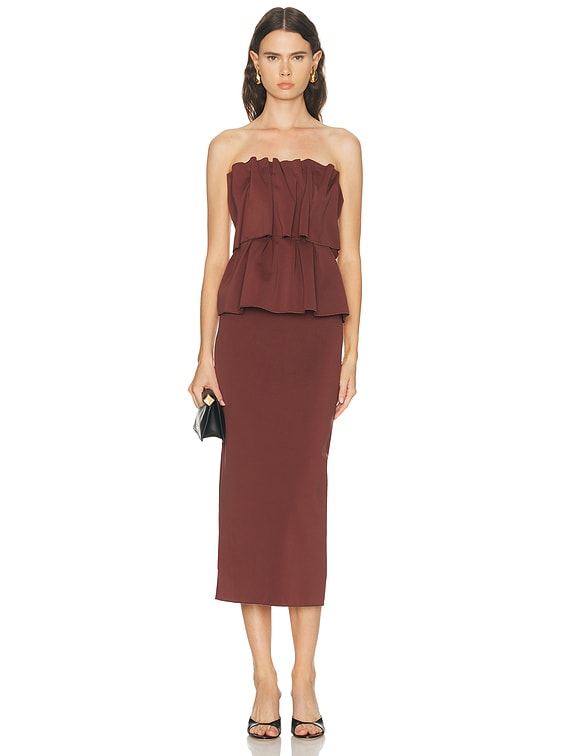 mahogany red dress Azazie Plus Size Maxi Floor-Length Dresses Column Wedding Guest Formal Dresses Strapless Mahogany Red