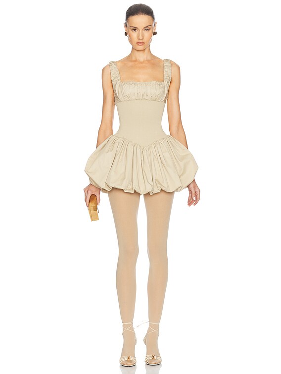 Helsa Rib Mix Puffy Mini Dress in Khaki | FWRD Helsa Rib Mix Puffy Mini Dress in Khaki | FWRD