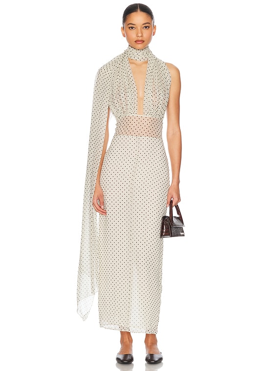 HELSA SCARF ドレス Helsa The Scarf Dress in Printed Silk Chiffon in Ivory & Black Dot