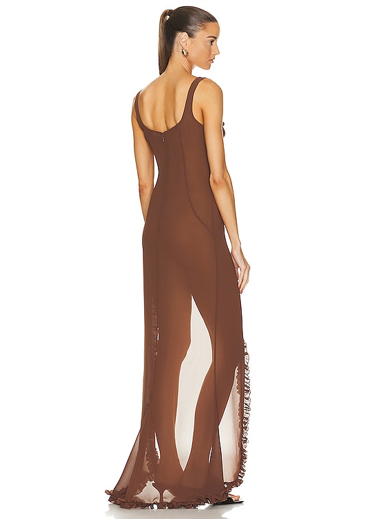 Helsa Sheer Ruffled Long Dress in Chocolate Brown