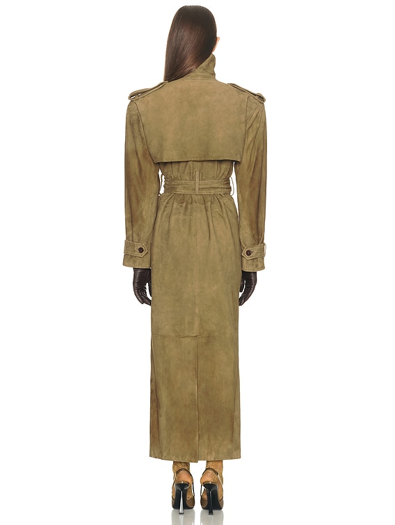 Helsa Suede Trench Coat in Khaki Green | FWRD