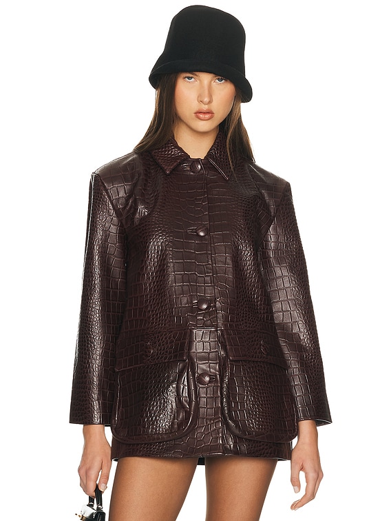 Helsa Schoolyard Jacket in Leather With Croc Emboss in Fudge | FWRD