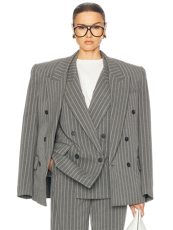 Helsa Pinstripe Double Breasted Blazer in Grey & White Stripe | FWRD