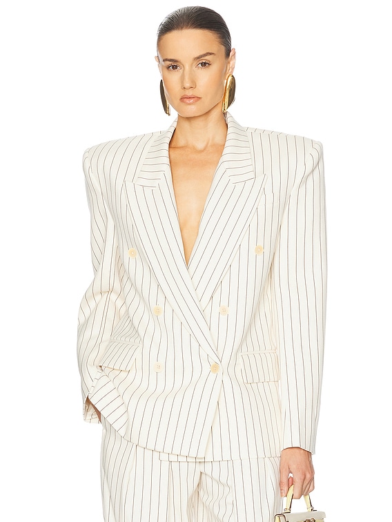 Helsa Pinstripe Double Breasted Blazer in Ivory & Brown Stripe | FWRD