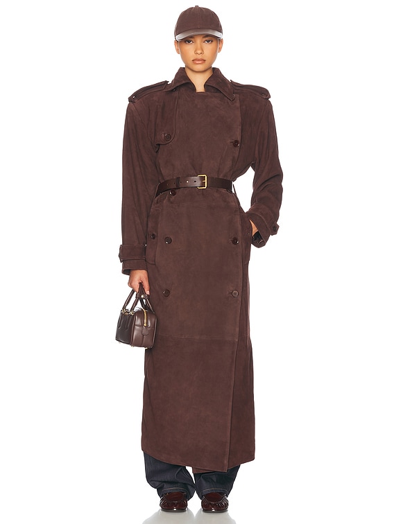 Helsa Suede Trench Coat in Saddle Brown | FWRD