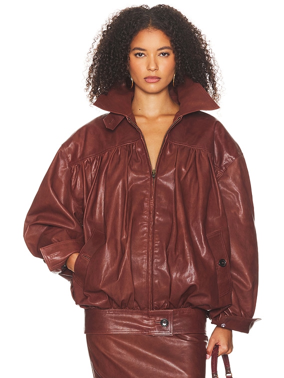 Helsa The Shirred Oversized Leather Jacket in Cognac | FWRD