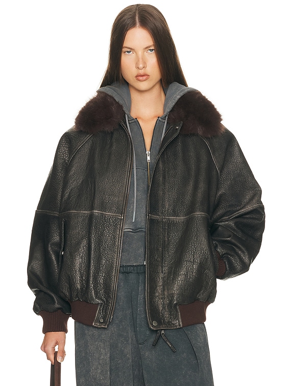 Helsa The Oversized Leather Bomber With Faux Fur Collar in Black
