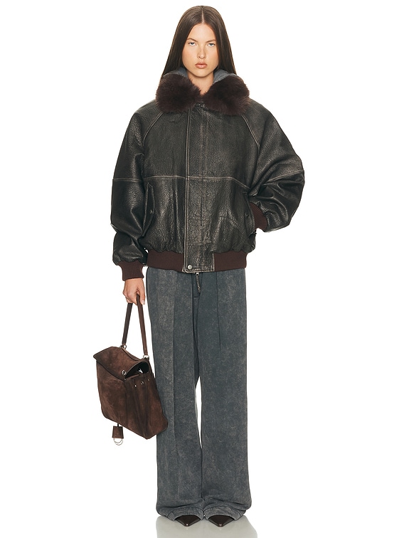 Helsa The Oversized Leather Bomber With Faux Fur Collar in Black