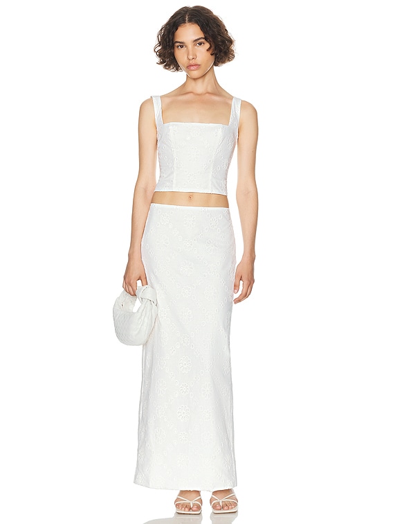 Helsa Eyelet Column Midi Skirt in Antique White | FWRD