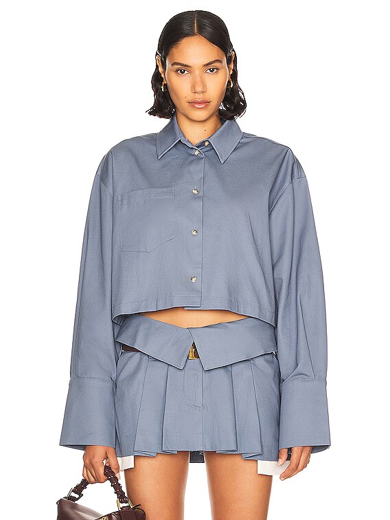 シャツ HUECLOSET Washed cropped shirt 25KERO142 Helsa Chino Cropped Shirt in Blue Grey | FWRD