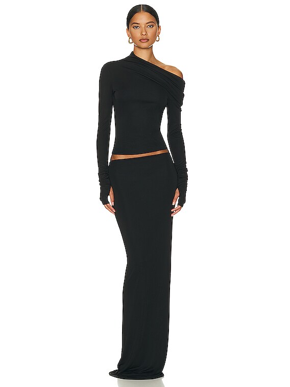 Helsa Matte Jersey Drape Shoulder Top in Black | FWRD