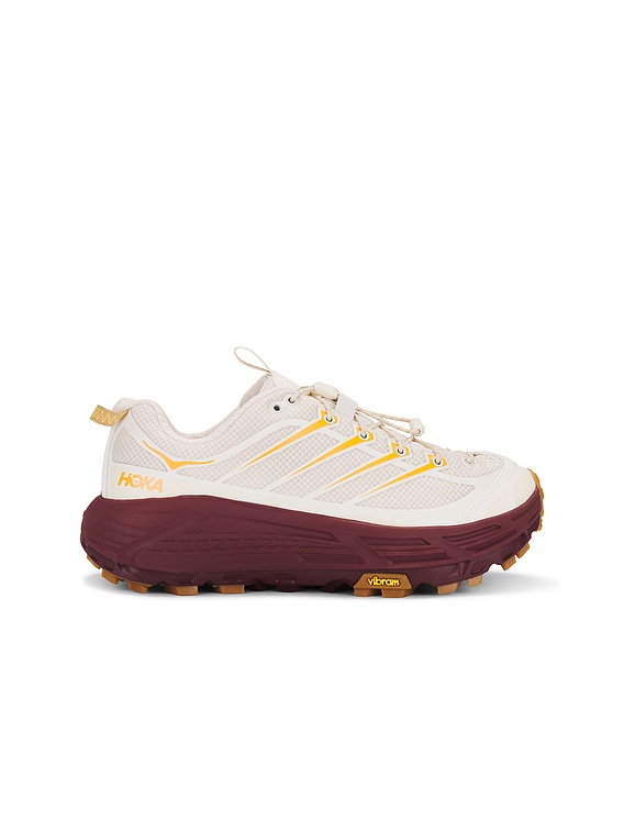 HOKA Mafate Three2 Sneaker in Vanilla & Varsity Burgundy | FWRD