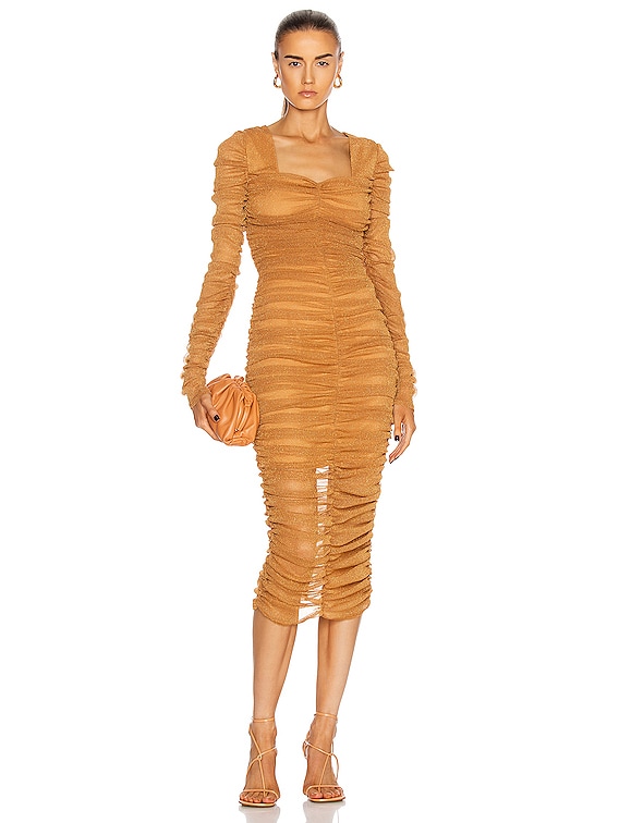 JONATHAN SIMKHAI STANDARD Long Sleeved Ruched Midi Dress in Cinnamon | FWRD