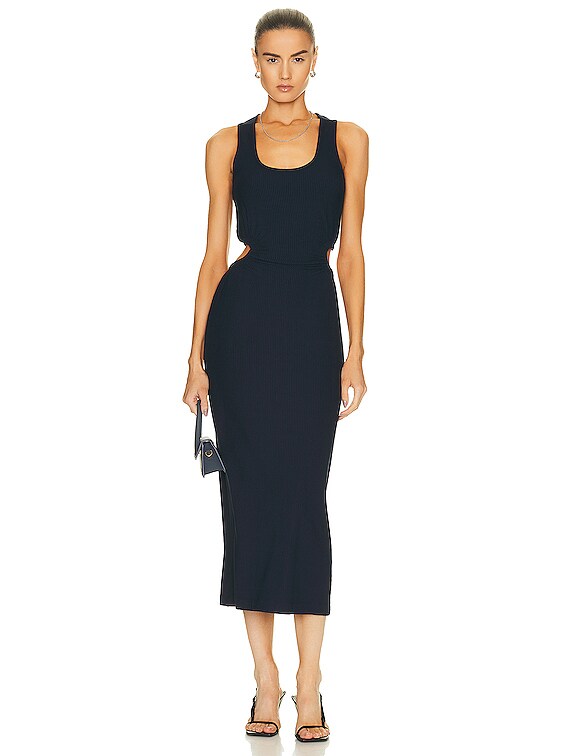 JONATHAN SIMKHAI STANDARD Melly Shaping Rib Cutout Midi Dress in Midnight |  FWRD