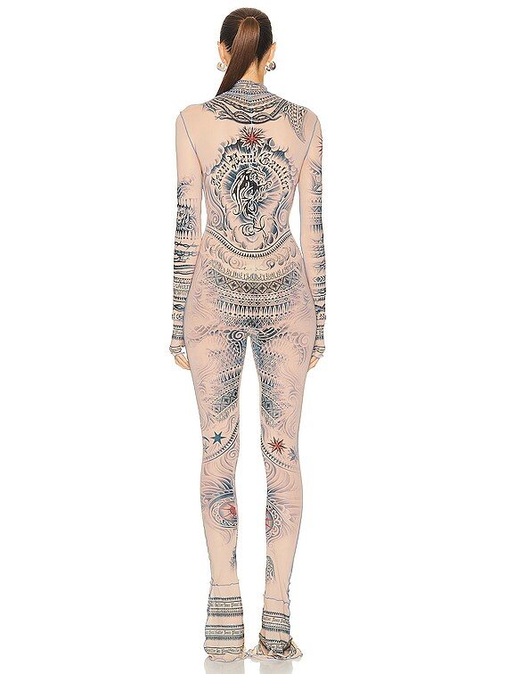 Jean Paul Gaultier Printed Soleil High Neck Jumpsuit in Nude, Blue