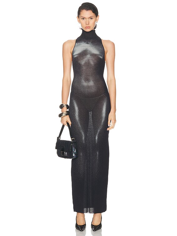 jean paul gaultier halter neck dress Jean Paul Gaultier High Neck Body Dust Printed Dress in Black & Silver