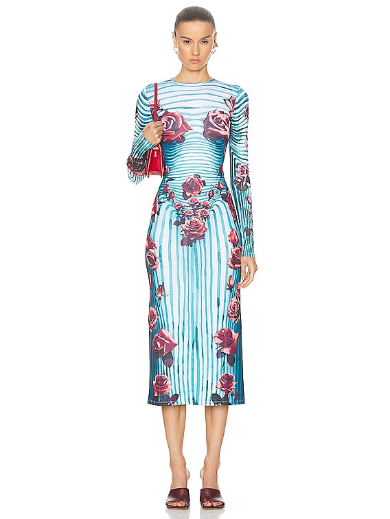 jean paul gaultier flower body morphing long sleeve dress Jean Paul Gaultier Blue & Red Flower Body Morphing Maxi Dress Jean Paul Gaultier