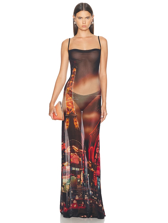 Jean Paul Gaultier Pigalle Mesh Slip Printed Dress in Black