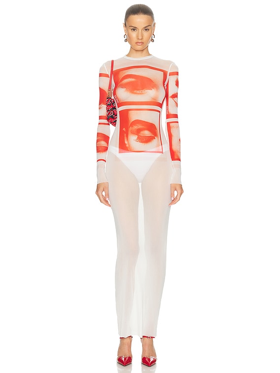 Jean Paul Gaultier Eyes And Lips Mesh Long Printed Dress in