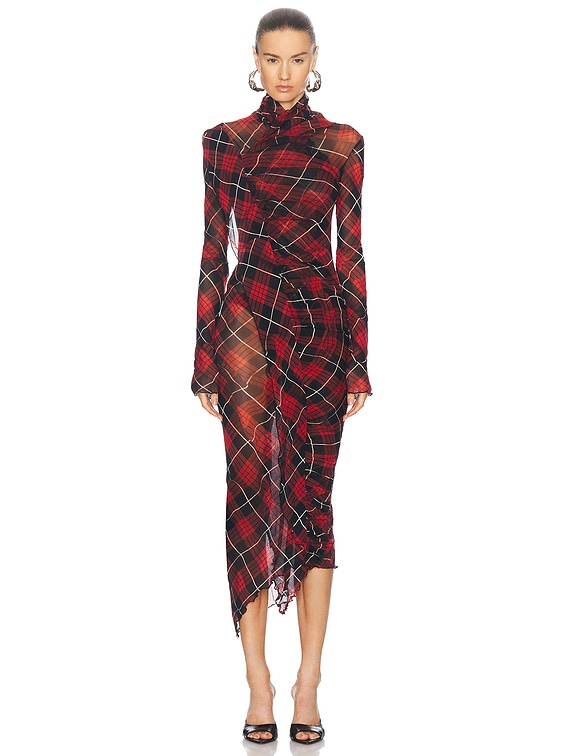 Jean Paul Gaultier Distorted Tartan Long Dress in Red, Black