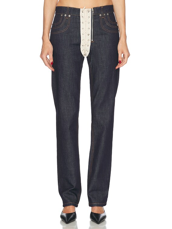Jean Paul Gaultier Lacing Detail Straight Leg Jeans in Indigo