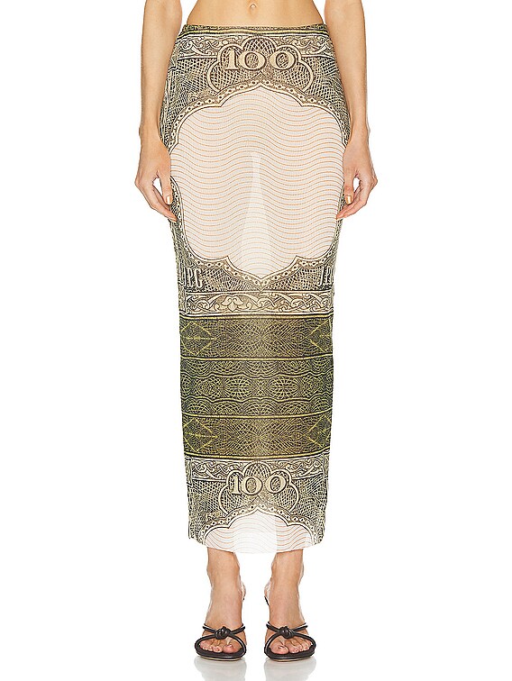 Jean Paul Gaultier Cartouche Mesh Long Skirt in Green, Ecru, Black