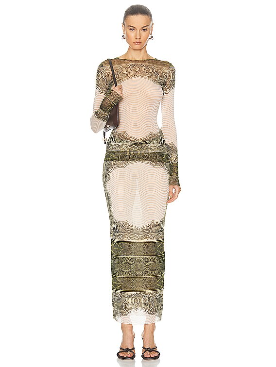 Jean Paul Gaultier Cartouche Mesh Long Skirt in Green, Ecru, Black