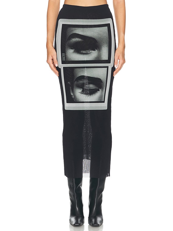 Jean Paul Gaultier Eyes And Lips Mesh Printed Long Skirt in Black
