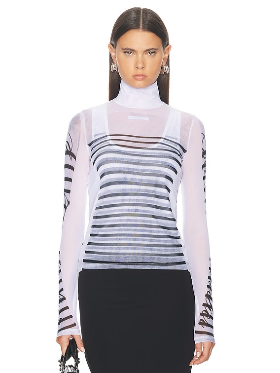 Jean Paul Gaultier Feathers Mariniere Printed Mesh Long Sleeve Top