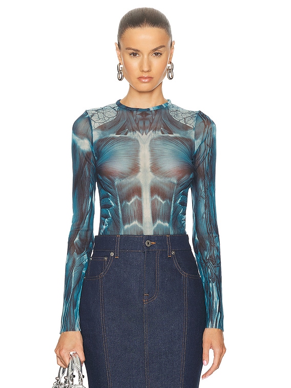 Jean Paul Gaultier Ecorche Mesh Printed Long Sleeve Top in