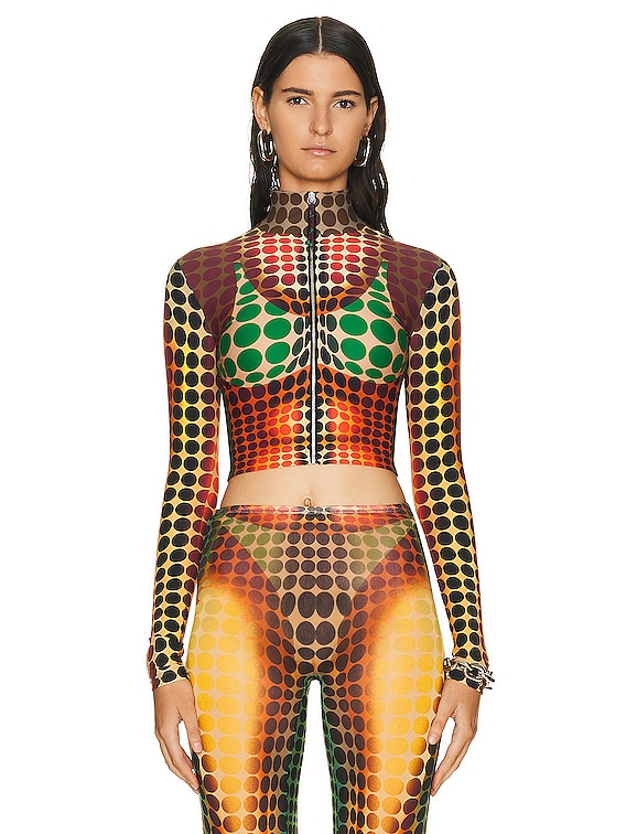 Jean Paul Gaultier High Neck Long Sleeve Top in Orange, Blue