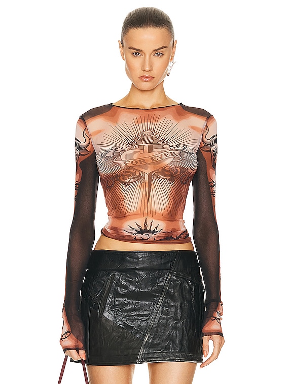 Jean Paul Gaultier Printed Safe Sex Tattoo Long Sleeve Crew Neck Top in Nude,  Brown, & Black