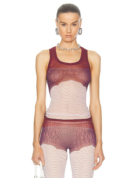 Jean Paul Gaultier Cartouche Mesh Tank Top in Red, White
