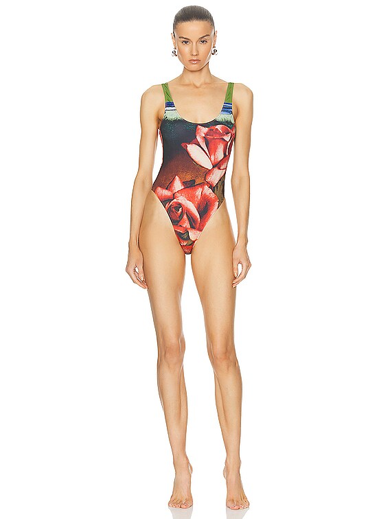 Jean Paul Gaultier Roses One Piece Swimsuit in Green Red Blue