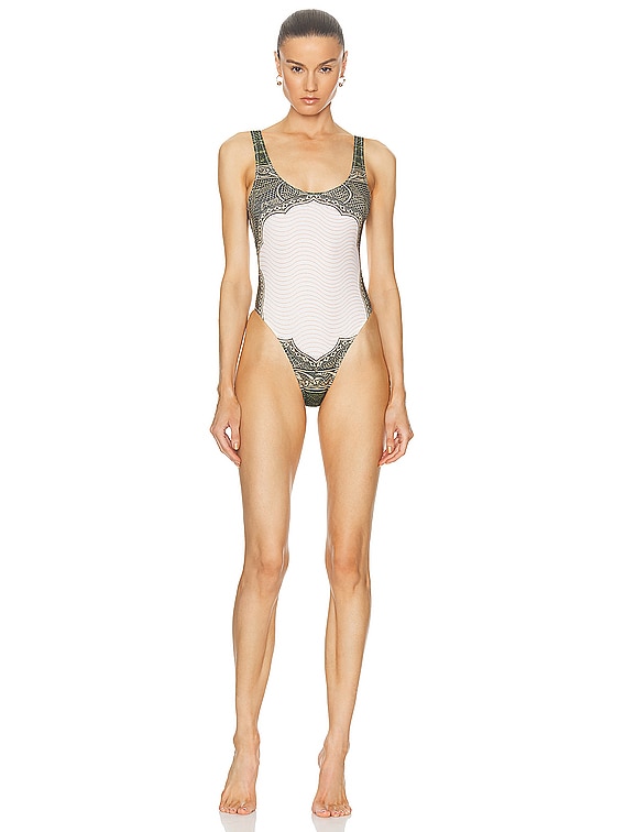 Jean Paul Gaultier Cartouche One Piece Swimsuit in Green Ecru