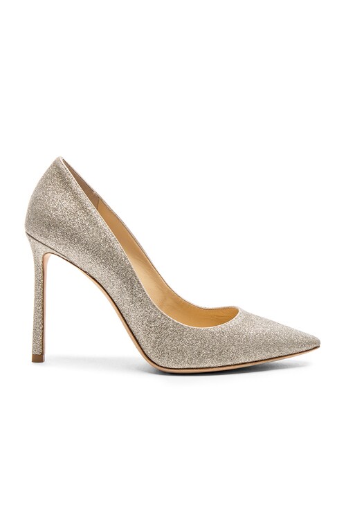 ジミーチュウ 36 ROMY100 プラチナムアイス Jimmy Choo Romy 100 Dusty Glitter Heels in Platinum Ice | FWRD