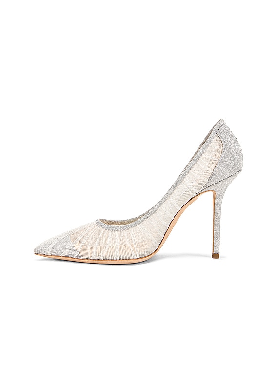 ジミーチュウ　グリッターパンプス　LOVE100 ROSEWOOD MIX Jimmy Choo Love 100 Fine Glitter Heel in Ivory & Silver | FWRD