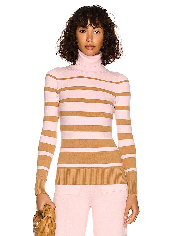 JoosTricot Long Sleeve Turtleneck in Camel Blush Stripe FWRD