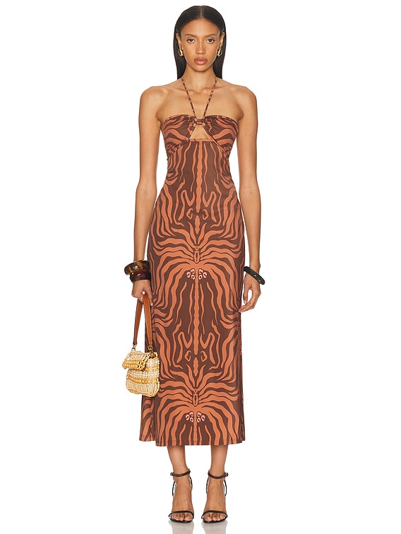 Johanna Ortiz Jungle Palms Midi Dress in Dark Chocolate & Camel | FWRD
