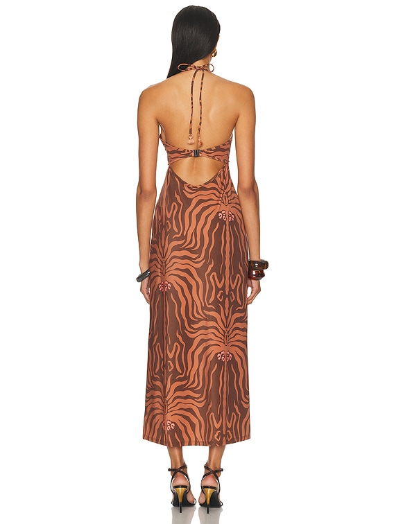 Johanna Ortiz Jungle Palms Midi Dress in Dark Chocolate & Camel | FWRD