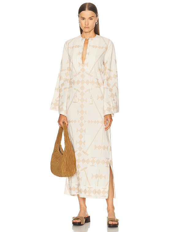 Johanna Ortiz Embroidered Cotton Wild Savannah Tunic Dress in Ecru & Sand |  FWRD