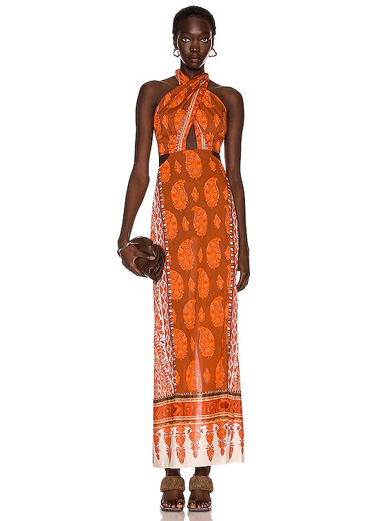 Johanna Ortiz Old Sun Maxi Dress in Blockprint Spicy Mandarine | FWRD