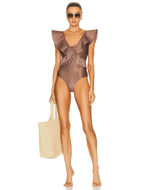 【JOHANNA ORTIZ】golden beaches ruffled llic swimsuit Johanna Ortiz Golden Beaches One Piece Swimsuit in Chocolate